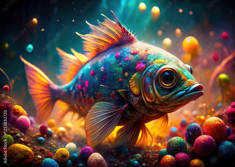 Fototapeta premium Dried Trichogaster fish, close-up: a surreal, ethereal fantasy art piece.