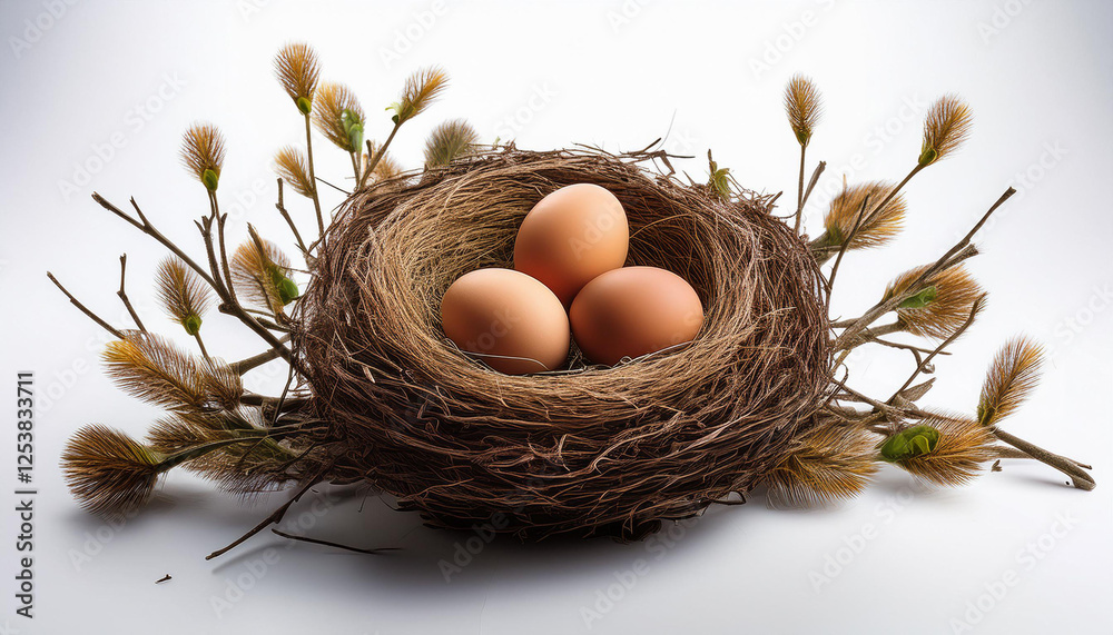 nest with eggs on a white background reproduction area