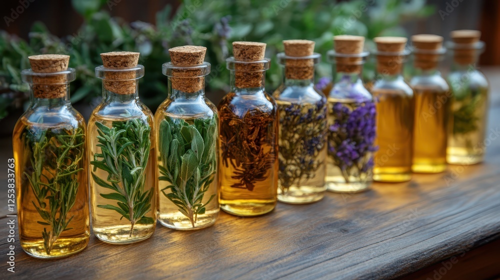 Row of glass bottles with infused oil and herbs on outdoor surface Row of glass bottles with infused oil and herbs on outdoor surface