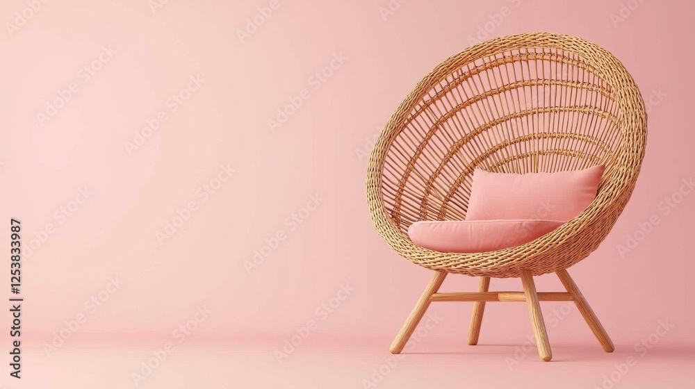 Obraz premium Comfortable Wicker Egg Chair with Pink Cushion and Pillow in a Simple Room Interior Decoration