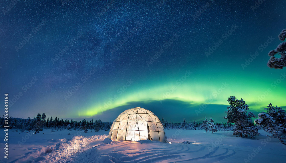 Obraz premium the mesmerizing northern lights illuminating the finnish lapland s snowy landscape with a cozy glass igloo under the aurora