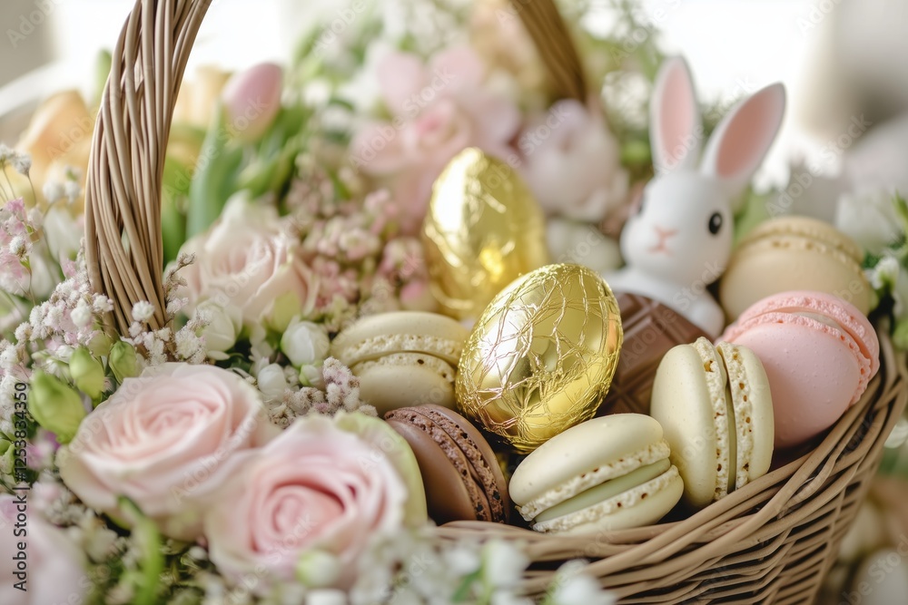 Stylish Easter basket with shimmering chocolate eggs, sweet macarons, and bunny figures Stylish Easter basket with shimmering chocolate eggs, sweet macarons, and bunny figures