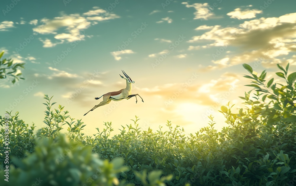 Soft green foliage blending into a glowing summer sky with a springbok leaping gracefully in the distance. Soft green foliage blending into a glowing summer sky with a springbok leaping gracefully in the distance.