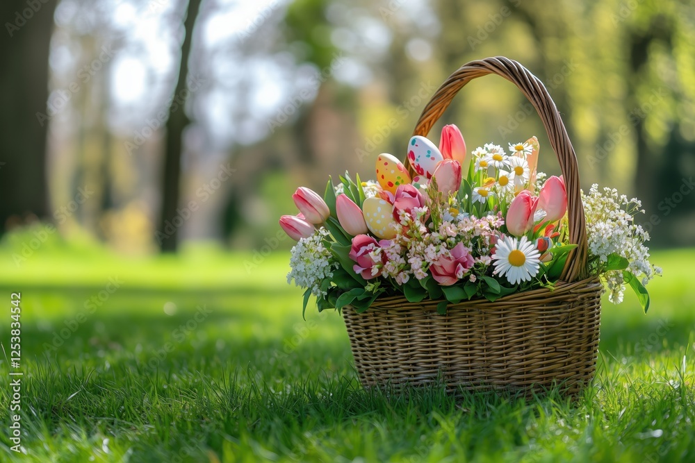 Nature-inspired Easter basket with beautifully painted eggs, tulips, and daisies