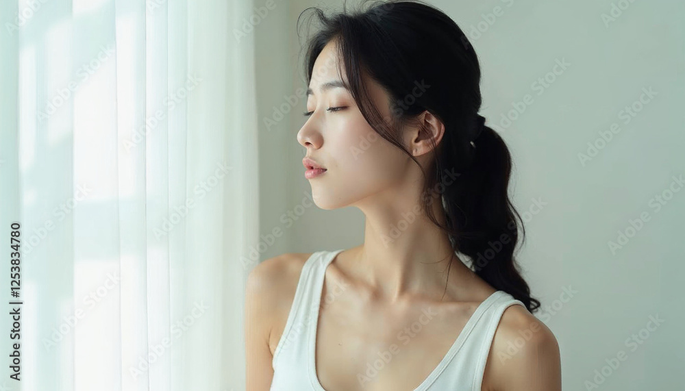 beautiful asian woman with eyes closed, side view, wearing tank top, beauty and woman, clean background. beautiful asian woman with eyes closed, side view, wearing tank top, beauty and woman, clean background.