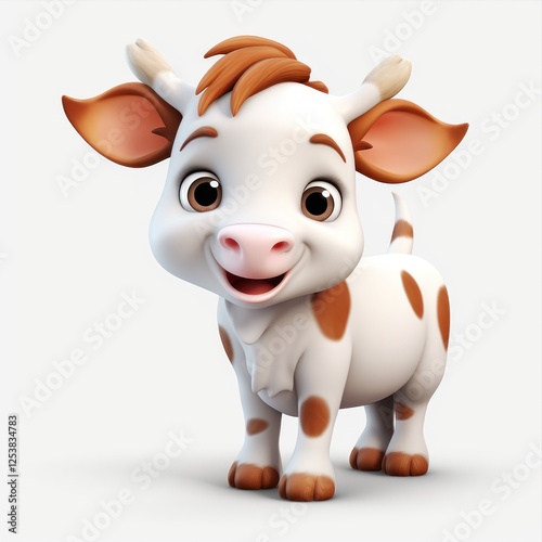 Playful cartoon calf with brown spots standing on bright white background, radiating childhood whimsy and adorable farmyard innocence