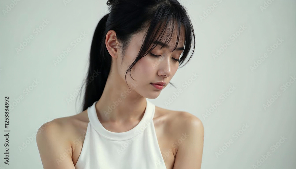 beautiful asian woman with eyes closed, side view, wearing tank top, beauty and woman, clean background. beautiful asian woman with eyes closed, side view, wearing tank top, beauty and woman, clean background.