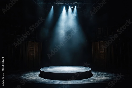 Empty theater stage lit by spotlights in dark, smoky atmosphere, ideal for performances