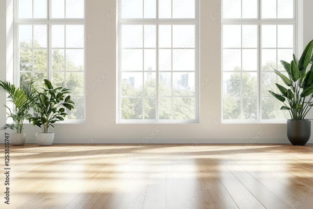 Fototapeta premium Minimalist White Room with Warm Wooden Floor and Potted Plants for Interior Design Inspiration