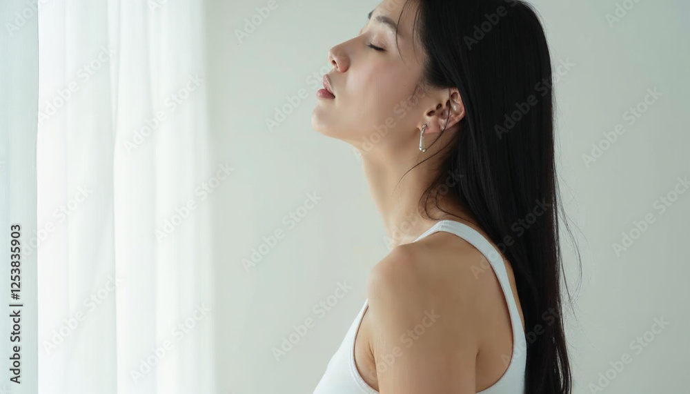 beautiful asian woman with eyes closed, side view, wearing tank top, beauty and woman, clean background. beautiful asian woman with eyes closed, side view, wearing tank top, beauty and woman, clean background.