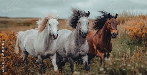 Three horses running in a field.