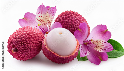tender purple composition with lychee and rose flower remoted on a white heritage with clipping route