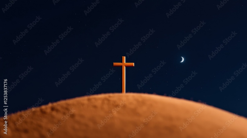 Cross on a hill under moonlit sky Cross on a hill under moonlit sky