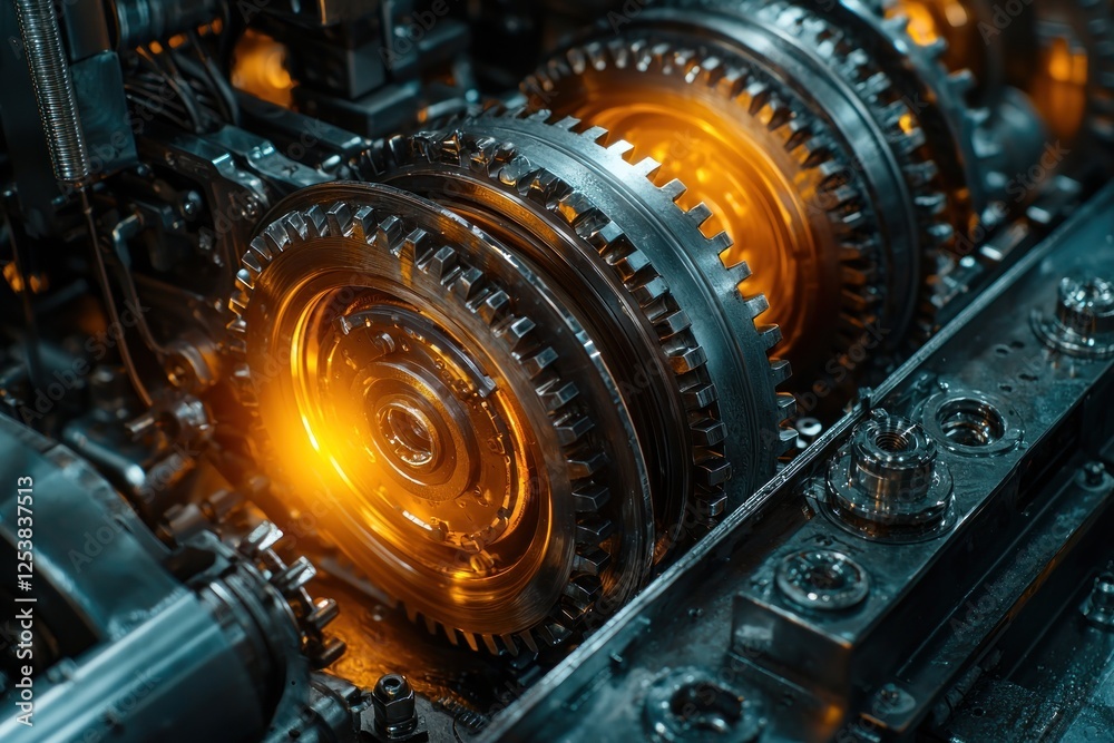 Fototapeta premium Glowing gears rotating in complex machinery, industrial automation concept