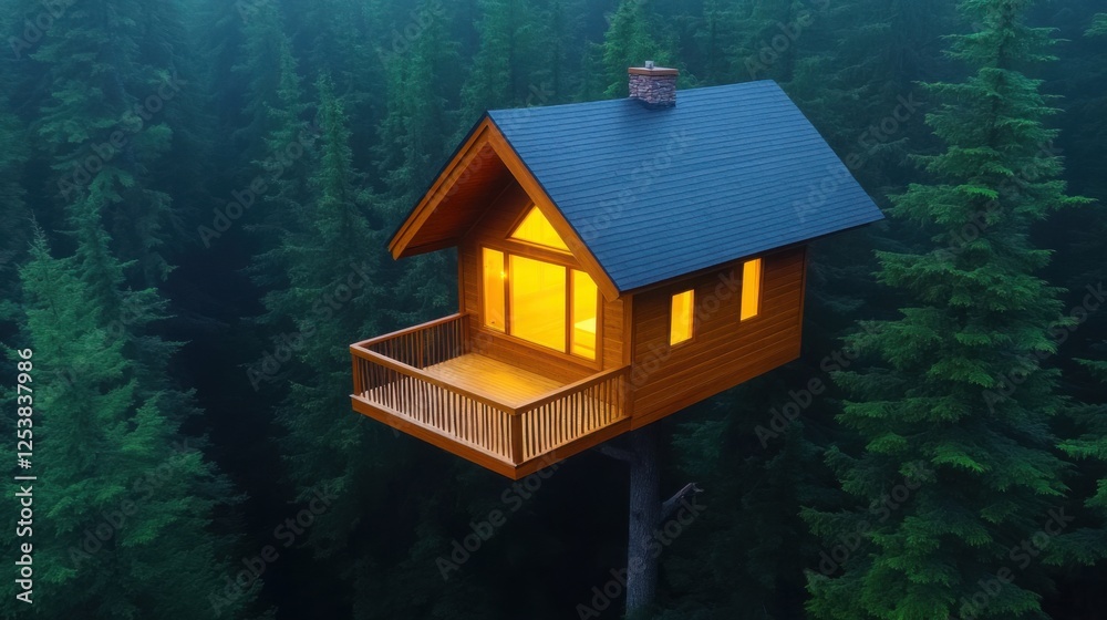 A luxurious treehouse retreat in the Canadian wilderness, surrounded by towering pines