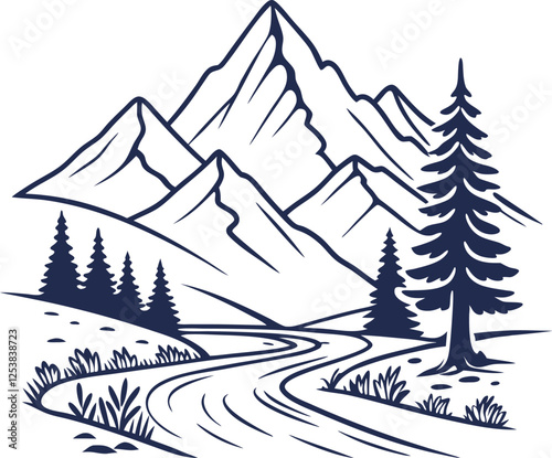 Drawing a vector of a mountain with a tree and a road,  Mountains Coloring Sheets