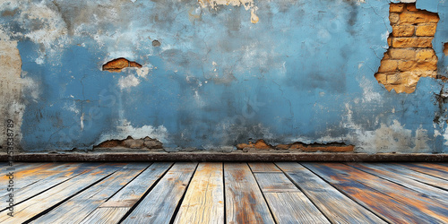 Rustic Blue Wall, Wood Floor Background -  Grunge and distressed te

