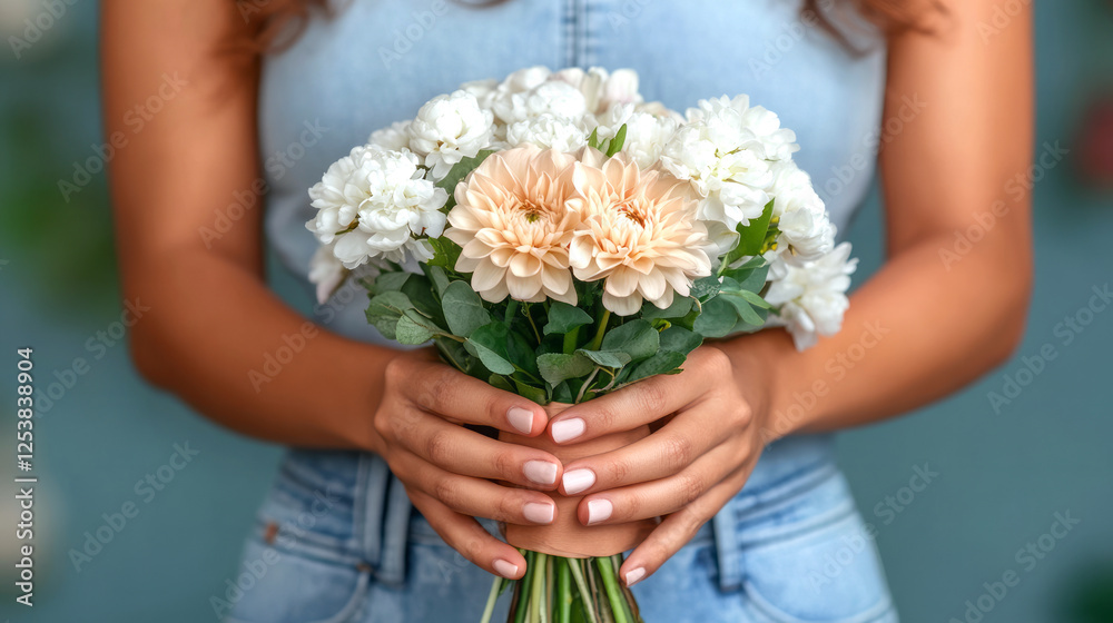 Florist preparing a beautiful bouquet featuring white and peach flowers in a vibrant floral store setting. Blush wedding bouquet exudes refined elegance, nurtured by subtle roses Florist preparing a beautiful bouquet featuring white and peach flowers in a vibrant floral store setting. Blush wedding bouquet exudes refined elegance, nurtured by subtle roses