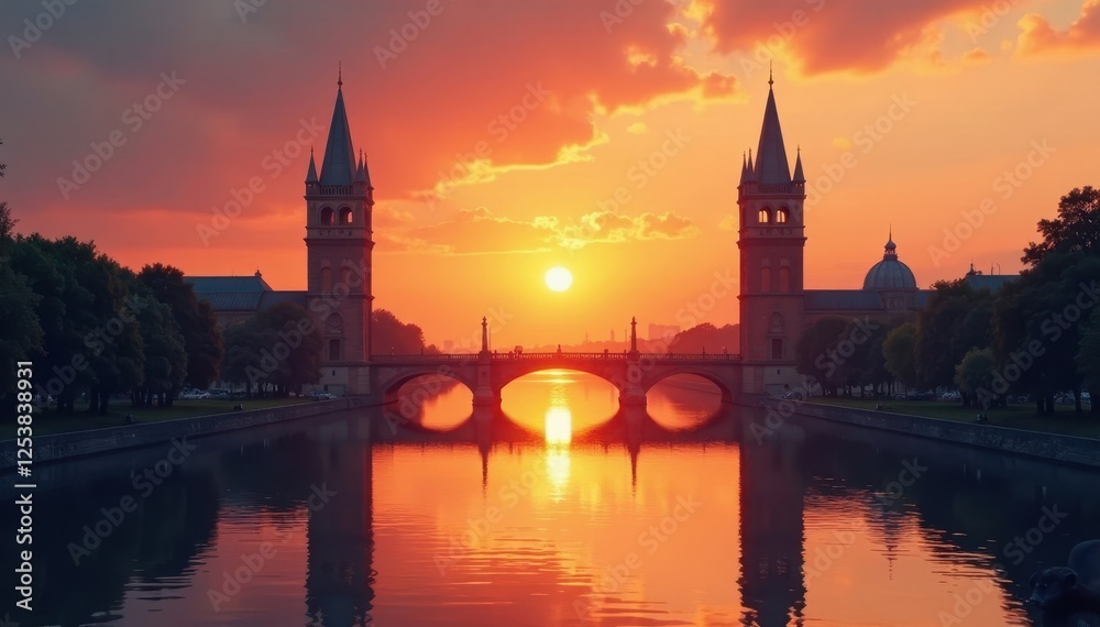 Fototapeta premium Two majestic towers framing the orange sunset, river reflection , Photography, Urban, Twilight