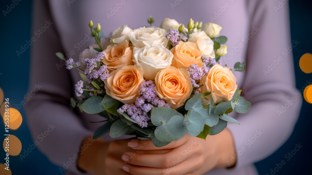 Florist arranging a beautiful bouquet with roses, lavender, and greenery for a special occasion in the store. Blush wedding bouquet exudes refined elegance, nurtured by subtle roses Florist arranging a beautiful bouquet with roses, lavender, and greenery for a special occasion in the store. Blush wedding bouquet exudes refined elegance, nurtured by subtle roses