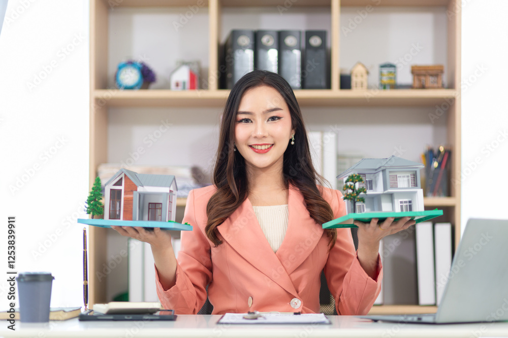 Asian businesswoman runs a real estate brokerage business and is offering her housing estate to potential buyers for large projects and the real estate industry continues to grow with the population. Asian businesswoman runs a real estate brokerage business and is offering her housing estate to potential buyers for large projects and the real estate industry continues to grow with the population.