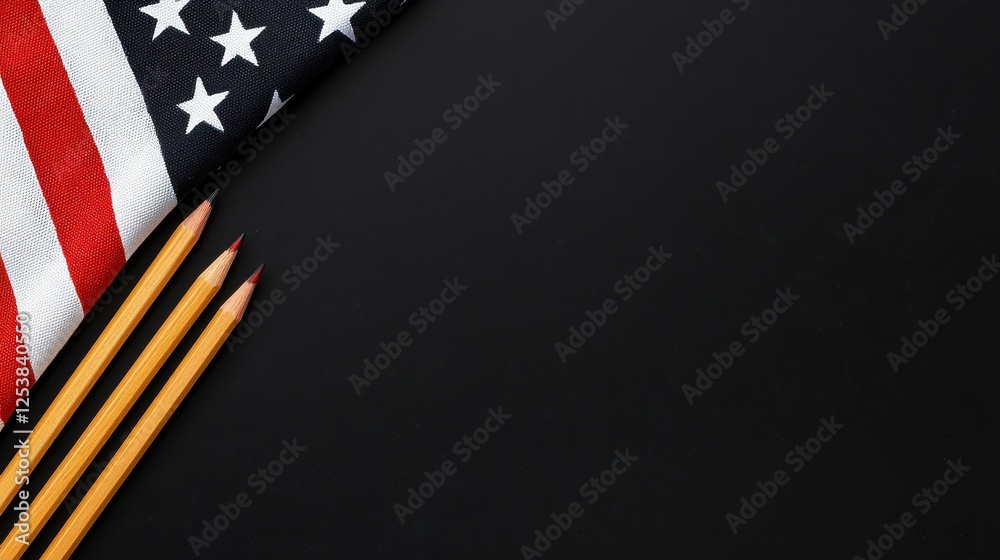 Fototapeta premium American Flag with Pencils on Dark Background