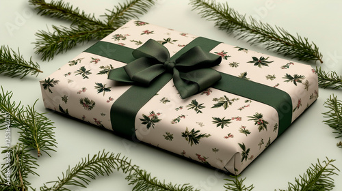 a beautifully wrapped gift wrapped in elegant paper with a satin ribbon and a large, neatly tied bow. The background is blurred, creating an atmosphere of celebration and coziness. The overall composi photo