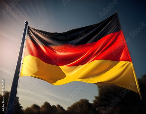 The flag of Germany on a pole blowing in the wind photo