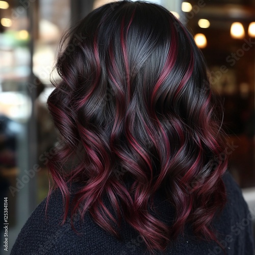 Stunning Burgundy Highlights on Deep Black Wavy Hair: A Luxurious Hair Transformation