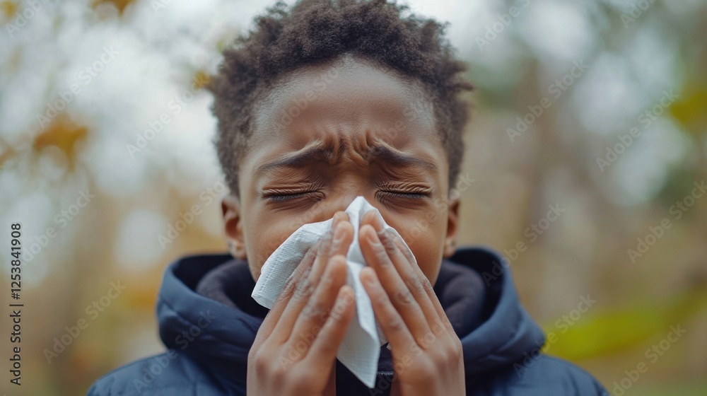 Child Sneezing Outside in Allergies Season Amid Blooming Nature Child Sneezing Outside in Allergies Season Amid Blooming Nature