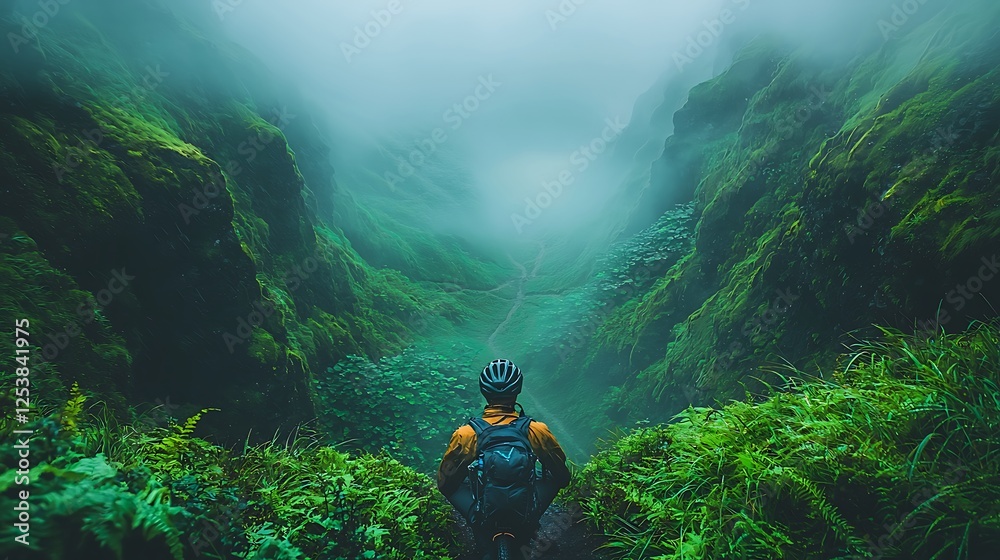 Obraz premium Cyclist resting on a foggy mountain trail with a serene valley disappearing into the mist below