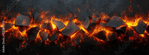 Fiery Lava Cracks in Dark Rocks - Abstract background banner
