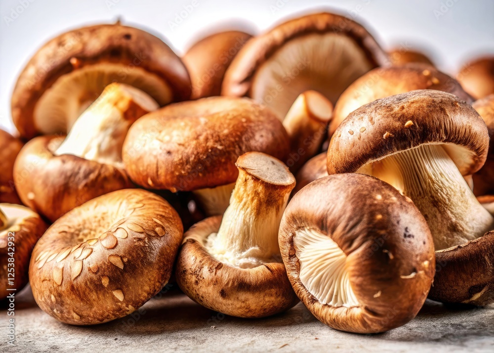 Fresh shiitake mushrooms: a high-resolution culinary image, isolated on white background; organic, edible fungi. Fresh shiitake mushrooms: a high-resolution culinary image, isolated on white background; organic, edible fungi.