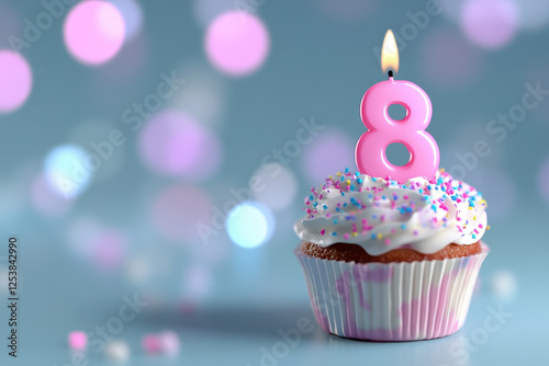Birthday cupcake with burning candle number 8 eight and festive bokeh lights on creative pastel background. Eight years, eight month milestone celebration card