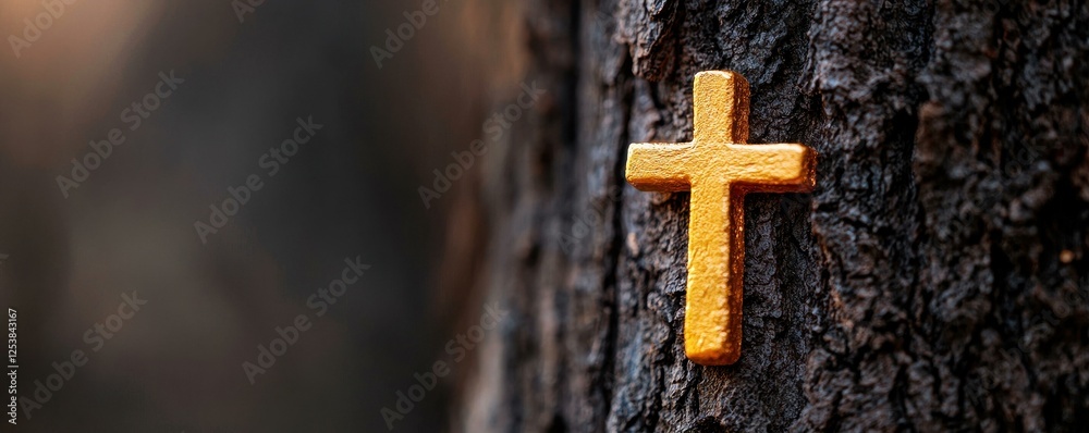 Golden Cross on Tree Bark Golden Cross on Tree Bark
