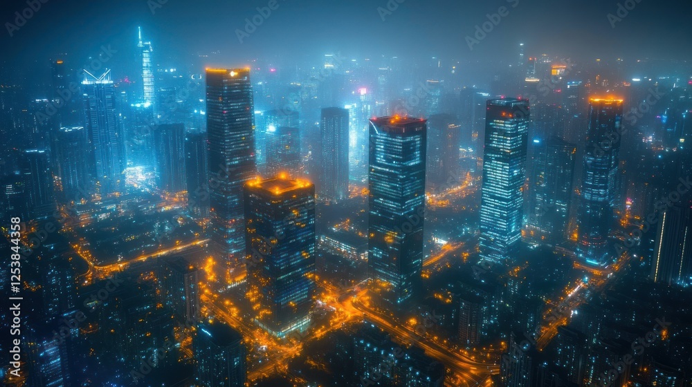 Fototapeta premium Night cityscape, hazy skyscrapers, illuminated streets.
