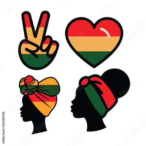 Peace, Love, Juneteenth. Silhouette of Black Afro-American Woman. Heart and fingers with color of flag. Freedom and Emancipation day.
