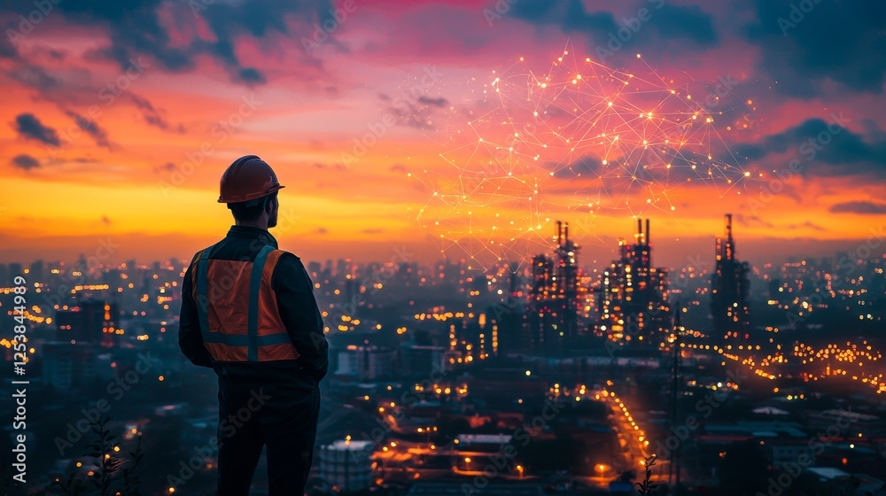 Fototapeta premium Construction worker at sunset with fireworks