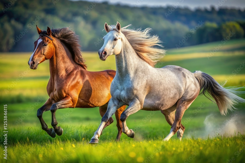Obraz premium Grey and brown horses' powerful run; a breathtaking equestrian portrait showcasing dynamic action.