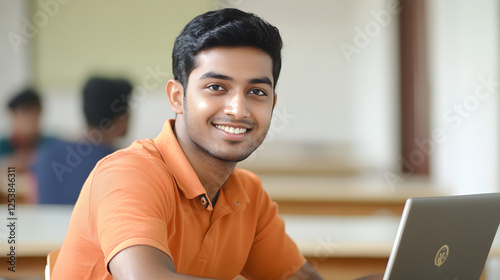 An Indian student sitting in the classroom and smiling while using their laptop
