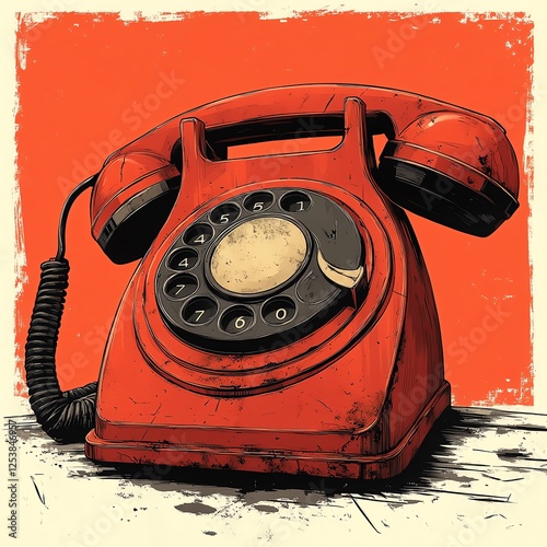 A vintage red rotary telephone against a bold orange background, showcasing classic design and nostalgia photo