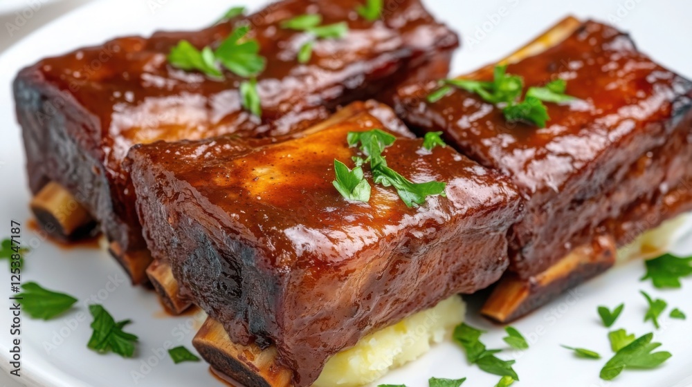 Chef's signature slow-cooked short ribs, rich gravy, mashed potatoes, garnished with herbs Chef's signature slow-cooked short ribs, rich gravy, mashed potatoes, garnished with herbs