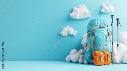 Backpack Adventure with Trekking Poles and Cloud Scenery photo