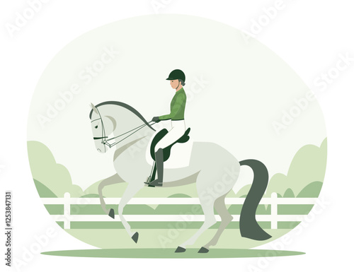 Equestrian rider in a green outfit practicing dressage on a white horse in an outdoor arena