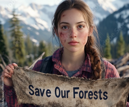 A young Caucasian woman with natural makeup holds a weathered sign reading 'Save Our Forests,' embodying a passionate plea for environmental conservation. scammed person