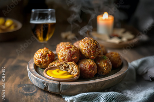 Portion of bitterballen with beer on a wooden table