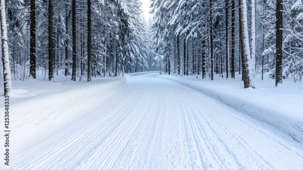 Naklejka premium Snowy forest path, cross-country skiing tracks, winter landscape, peaceful scene