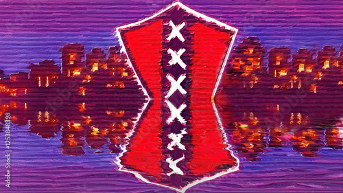 Painting from the Amsterdam flag in the Netherlands reflecting in water