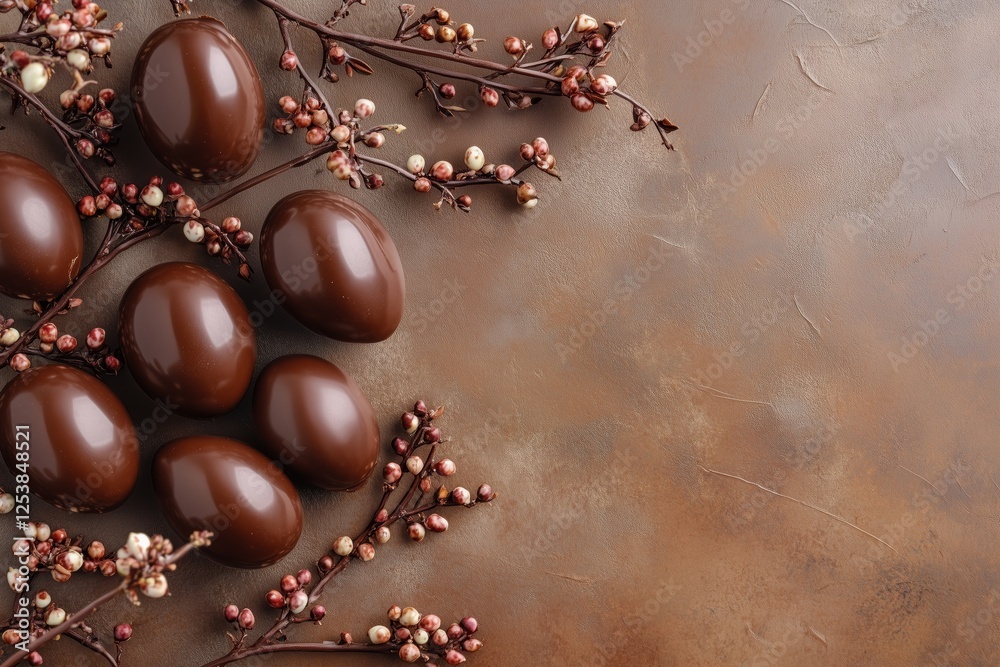 Fototapeta premium Tempting Easter composition with glossy chocolate eggs on a soft velvety background