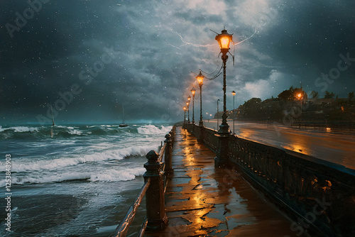 Stormy weather at the coast at twilight